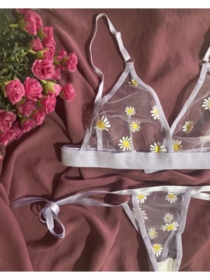 Angel Fashion Lila Papatya Desenli Bralet Takım İç Çamaşırı Bralet Takımı Sütyen Bayan Sütyen Takımı