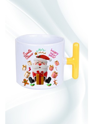 Caisya Noel Baba Happy Christmas Baskılı T Saplı Kupa Bardak Porselen Çay Kahve Fincanı