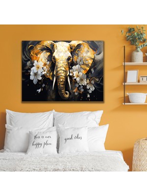Gaagart Tekli Yatay Kanvas Duvar Tablosu Beyaz Çiçekli Fil Portresi