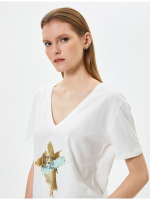 Koton Baskılı Tişört Kısa Kollu V Yaka Pamuklu