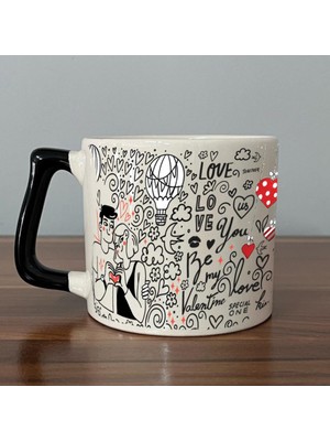 Mor Mürekkep Aşk Temalı Siyah Kulplu D Sevgililer Günü Kupası