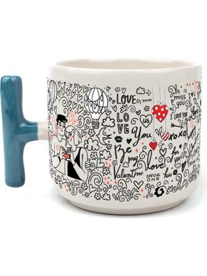 Mor Mürekkep Aşk Temalı Mavi Kulplu T Sevgililer Günü Kupası