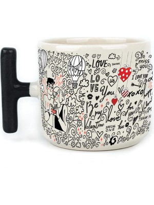 Mor Mürekkep Aşk Temalı Siyah Kulplu T Sevgililer Günü Kupası