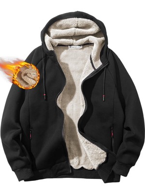 Ghassy Co. Erkek Ultra Termal Sherpa Astarlı Kapüşonlu Fermuarlı Cepli Kışlık Sweatshirt