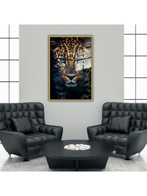 Gaagart Metal Çerçeveli Temperli Cam Tablo Mavi Gözlü Leopar