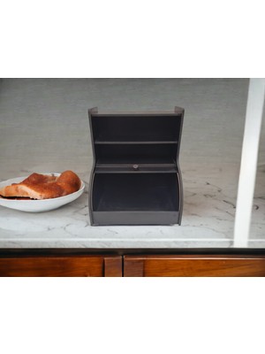 Wood Luck Ahşap Raflı Ekmeklik, Sürgü Kapak 2 Adet Üst Raflı Ekmeklik  Siyah - Rustik Desen