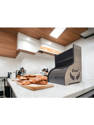 Wood Luck Ahşap Raflı Ekmeklik, Sürgü Kapak 2 Adet Üst Raflı Ekmeklik  Siyah - Rustik Desen