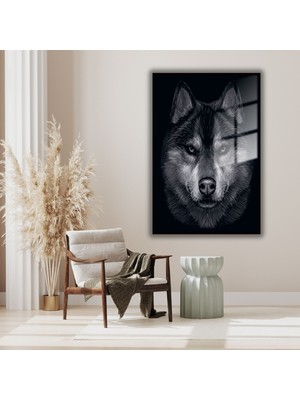 Gaagart Metal Çerçeveli Temperli Cam Tablo Siyah Beyaz Kurt Portresi
