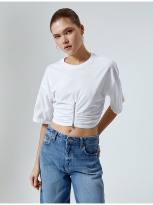 Koton Crop Drapeli Tişört Fermuar Detaylı Kısa Kollu Bisiklet Yaka Pamuklu