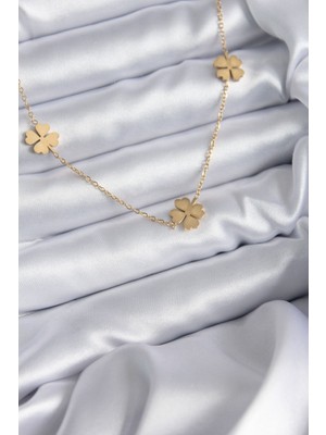 Clariss 316L Çelik Zincir Gold Renk Yonca Model Kadın Kolye