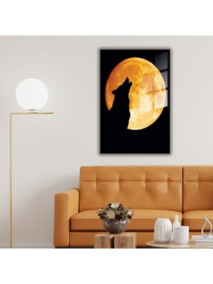 Gaagart Metal Çerçeveli Temperli Cam Tablo Dolunay ve Uluyan Kurt
