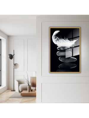 Gaagart Metal Çerçeveli Temperli Cam Tablo Taşlar ve Şans Tüyü