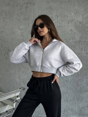 Elif Özbey Gri Basic Kapşonlu Sweat