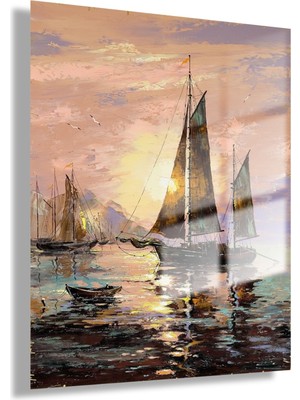 Gaagart Temperli Gerçek Cam Tablo Gün Batımı Yelkenli Manzarası
