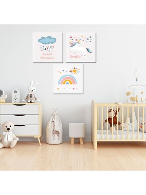 Gaagart 3 lü Kare Kanvas Bebek Odası Unicorn ve Mavi Bulut Tablo Seti