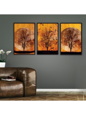 Gaagart 3 lü Metal Çerçeveli Cam Tablo Seti Turuncu Dolunay ve Ağaç