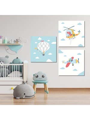 Gaagart 3 lü Kare Kanvas Erkek Çocuk Odası Uçak ve Balon Tablo Seti