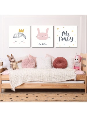 Gaagart 3 lü Kare Kanvas Kız Bebek Odası Soft Pembe Prenses Tablo Seti