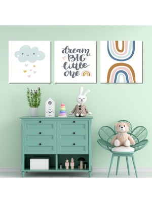 Gaagart 3 lü Kare Kanvas Çocuk Odası Soft Yeşil Bulut Tablo Seti