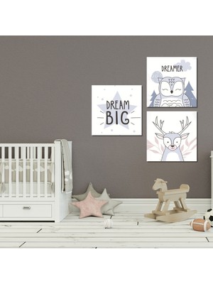 Gaagart 3 lü Kare Kanvas Bebek Odası Soft Baykuş ve Geyik Tablo Seti