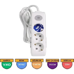 Vsn Viko 5 Metre Kablolu Topraklı Çocuk Korumalı Üçlü Priz Beyaz
