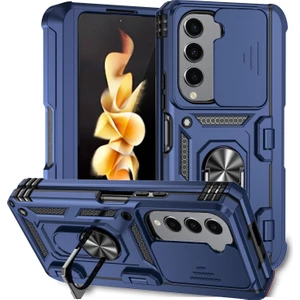 Samsung Galaxy Z Fold 5 Için Halka Ayaklı ve Kayar Kamera Kapaklı Telefon Kılıf - Mavi (Yurt Dışından)