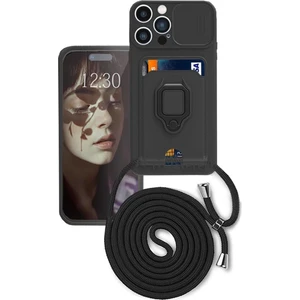 M.TK Moveteck Apple Iphone 15 Pro Kılıf Kamera Lens Sürgülü Korumalı Kartvizitli Silikon Kapak Ip Boyun Askılı Charm