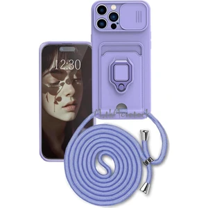 M.TK Moveteck Apple Iphone 15 Pro Kılıf Kamera Lens Sürgülü Korumalı Kartvizitli Silikon Kapak Ip Boyun Askılı Charm