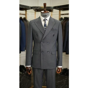 Erkek Çizgili Kruvaze Takım Elbise Italyan Stil Slim Fit Ceket Pantolon