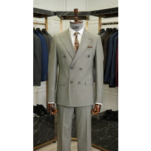Erkek Çizgili Kruvaze Takım Elbise Italyan Stil Slim Fit Ceket Pantolon