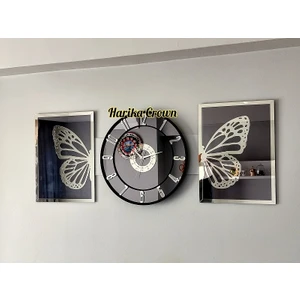 Harika Crown Aynalı Model 2 Li Kelebek Tablo ve Saat Seti