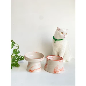 Seramik Kedi ve Köpek Mama Su Kabı (Turuncu Beyaz & Colorful Moon Turuncu Çizgili - Ebru Desen- 2'li)