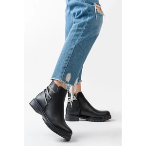 Mat Siyah Taş Şeritli Yandan Taş Detaylı Fermuarlı Zümrüt Mevsimlik Klasik Kadın  Bot Bootie Ayakkabı