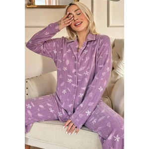 Pijama Evi Lila Çam Desenli Önden Düğmeli Peluş Polar Pijama Takımı