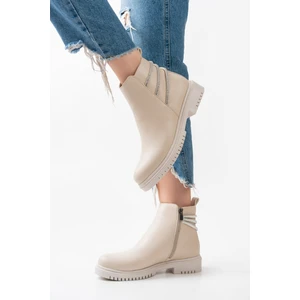 Krem Taş Şeritli Yandan Taş Detaylı Fermuarlı Deri Görünümlü Mevsimlik Klasik Kadın Kısa Bot Bootie Ayakkabı