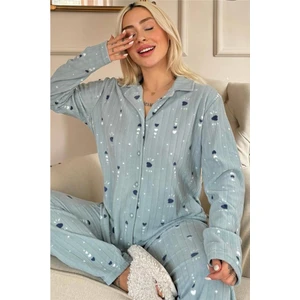 Pijama Evi Yeşil Kalp Desenli Önden Düğmeli Peluş Polar Pijama Takımı