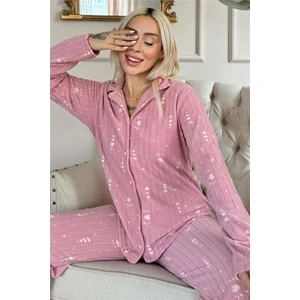 Pijama Evi Pudra Kalp Desenli Önden Düğmeli Peluş Polar Pijama Takımı