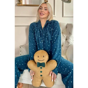 Pijama Evi Petrol Lune Desenli Önden Düğmeli Peluş Polar Pijama Takımı