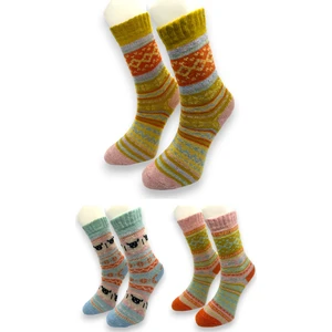 Ciho Socks Premium 3 Çift Kadın Alpaka Yünlü Yumuşak Yıkamalı Norveç Tipli Termal Etnik Kilim Desenli Soket Çorap