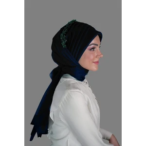 Elegance Scarf Hazır Şal Hazır Türban 5-1 Geçmeli Drapeli Lüx Hayal Tül Kumaş Lacivert