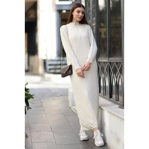 Kadın Krem Geniş Kalıp Fermuarlı Yaka  Fitilli Triko Midi Elbise HZL24W-BD1101831