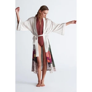 CACTUS KİMONO 122 CM Kaktus Desen Midi Boy Kemerli Saten Kadın Kimono - Taş