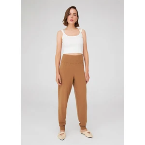 Yüksek Bel Dar Paça Kaşmir Karışım Fit Kadın Triko Pantolon Camel