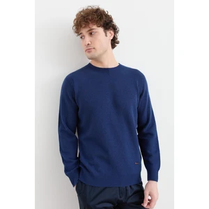 Desen Triko Erkek Sıfır Yaka Basic Yün Kazak Indigo