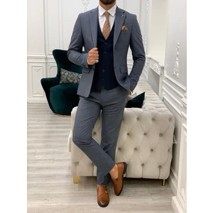 Erkek Kombinli Takım Elbise Kırlangıç Yaka Italyan Kesim Slim Fit Ceket Yelek Pantolon-Lacivert