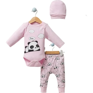 Uykucu Panda Desenli Uzun Kollu 3 Lü Bebek Body Takım