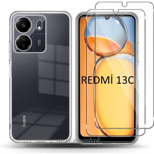 M.TK Moveteck Xiaomi Redmi 13C Kılıf Kamera Çevresi Korumalı Darbeye Dayanıklı Şeffaf Silikon Anti Kapak + 9h Ekran Koruyucu Cam