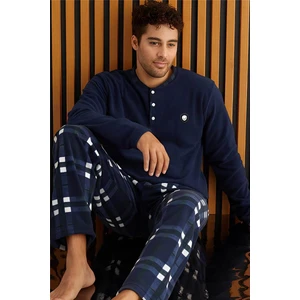 Pijama Evi Lacivert Beyaz ekose Desenli polar erkek pijama takımı