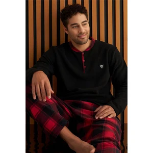Pijama Evi Siyah Bordo Ekose Desenli polar erkek pijama takımı