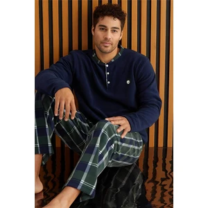 Pijama Evi Yeşil Lacivert Ekose Desenli polar erkek pijama takımı